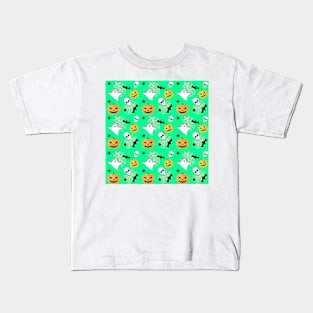 Spooky Halloween Pattern on Aqua Green Background Kids T-Shirt